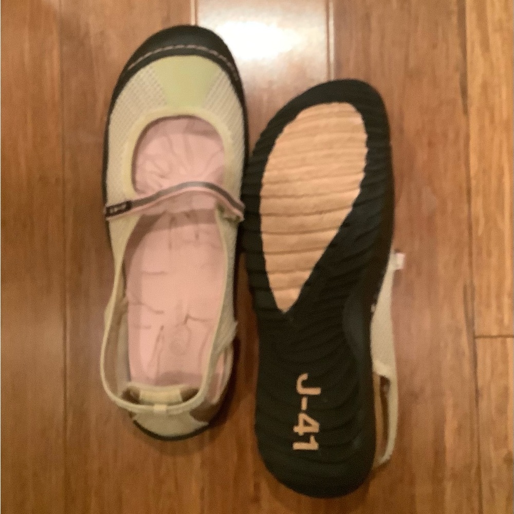 J-41 Sage Green Flats with Black Trim and Velcro Strap